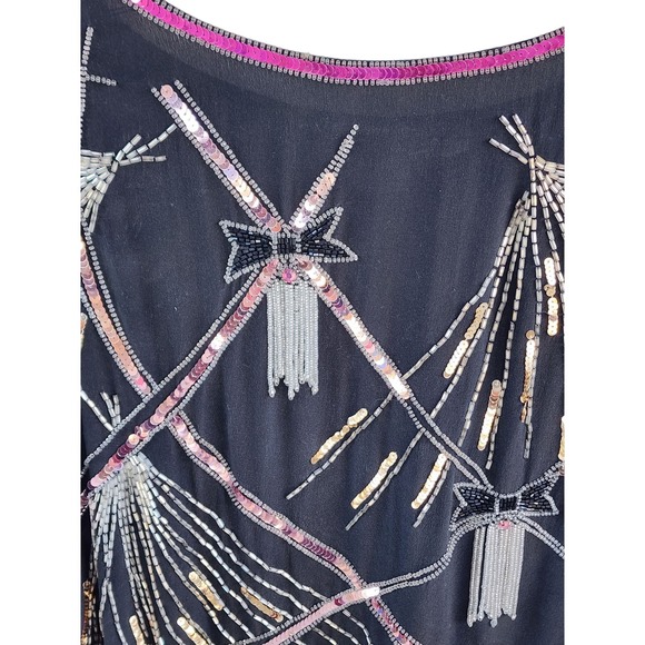 VTG 70s Argenti 100% Pure Silk Black Pink Sequin Beaded Bows Blouse S Hong Kong - Picture 3 of 10